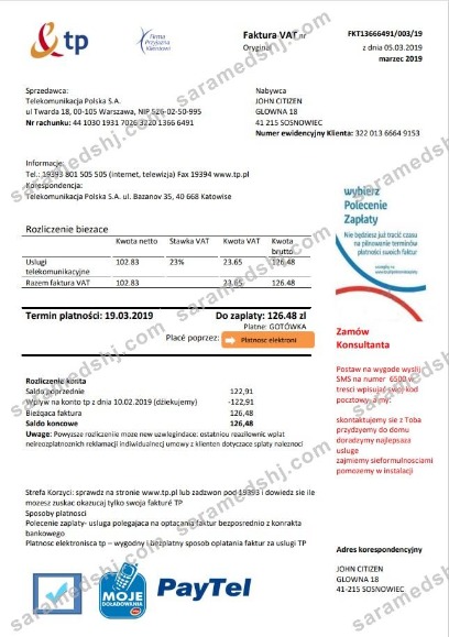 Poland TP utility bill template in Word and PDF format